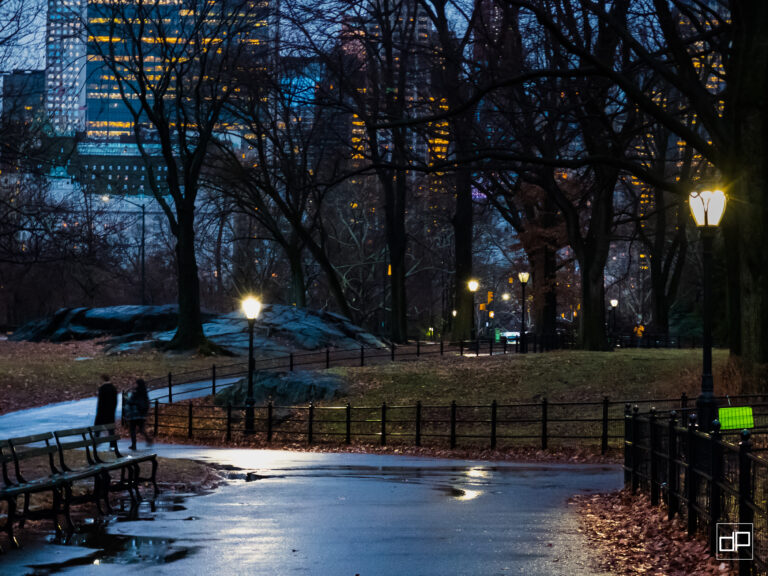 Evening park path with wet pavement, bare trees, benches, and glowing streetlamps; city skyline lit in the distance after rain.