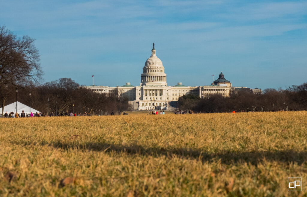 Wide view of the U.S. Capitol with its dome centered, visitors on the grassy National Mall foreground and bare trees to the sides under a blue sky.